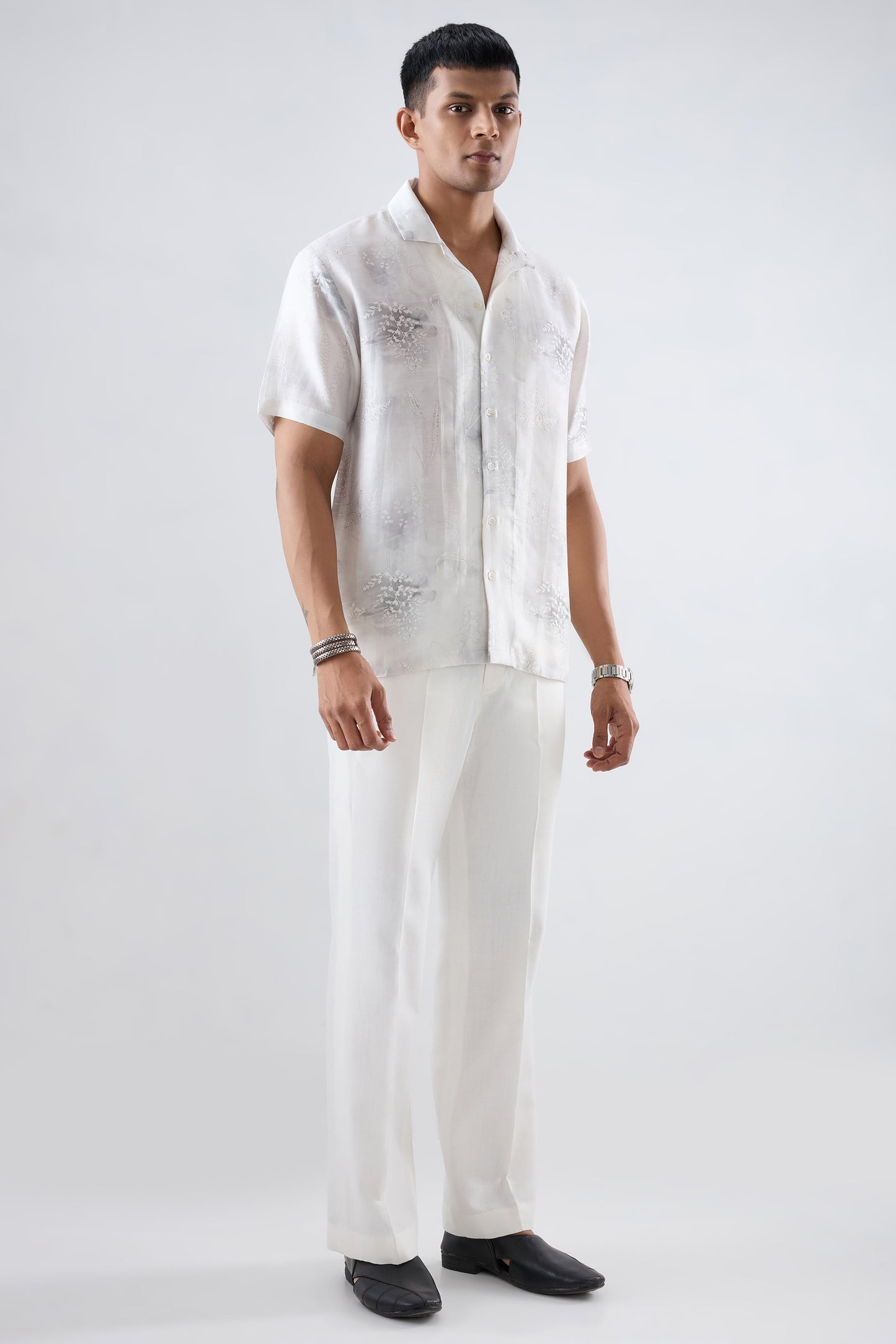 White Ecoprint Cuban Collar Shirt