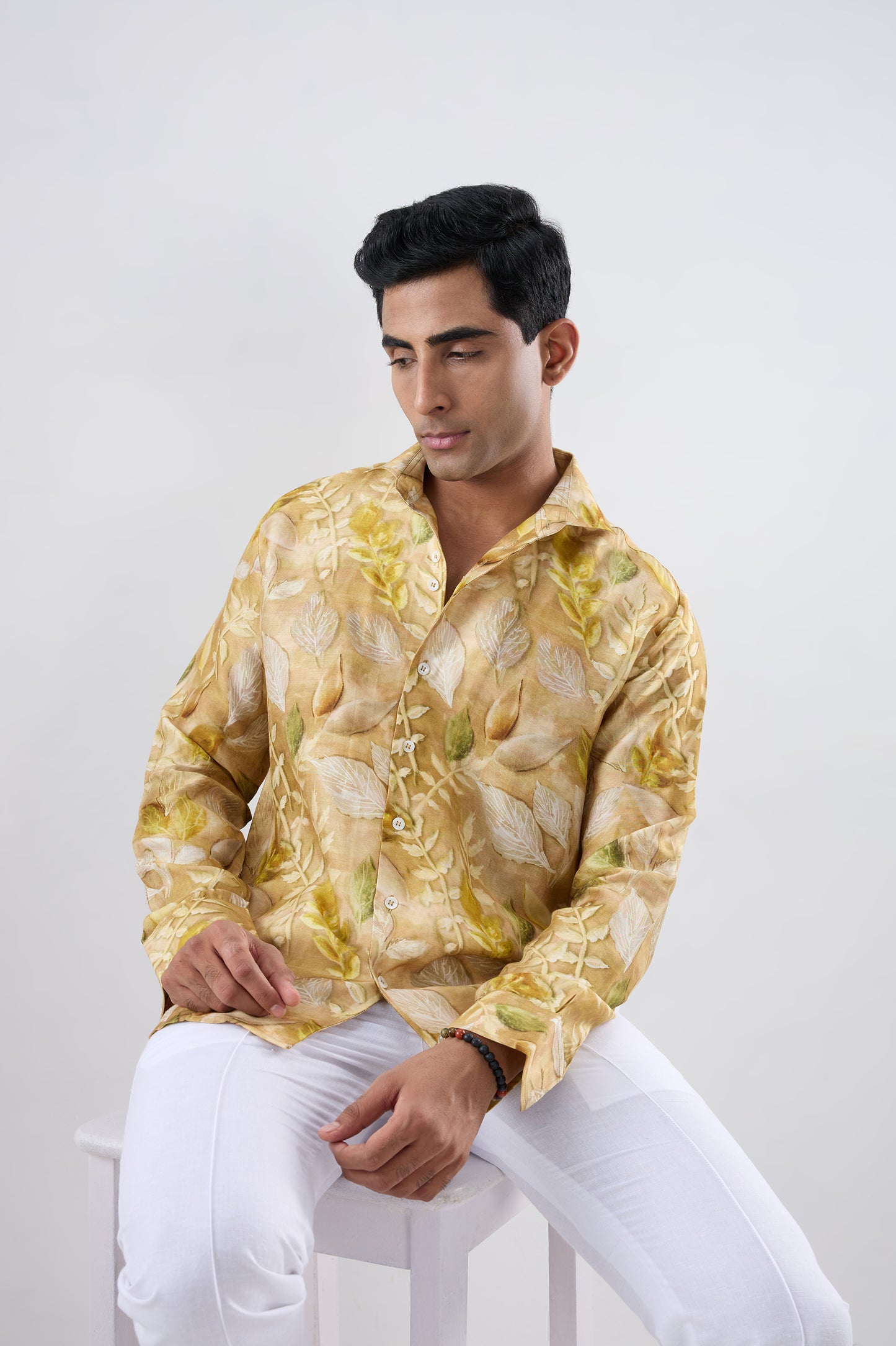 Yellow Leaf Ecoprint Cutback Collar Full-Sleeve Shirt
