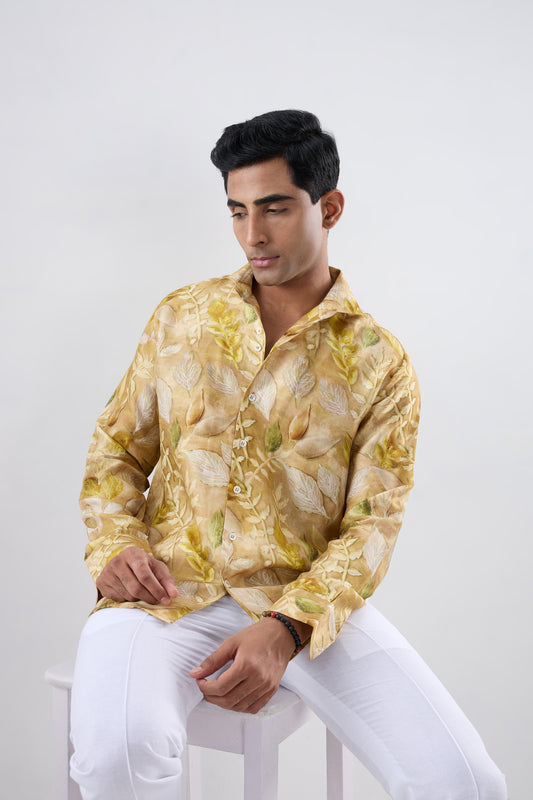 Yellow Leaf Ecoprint Cutback Collar Full-Sleeve Shirt