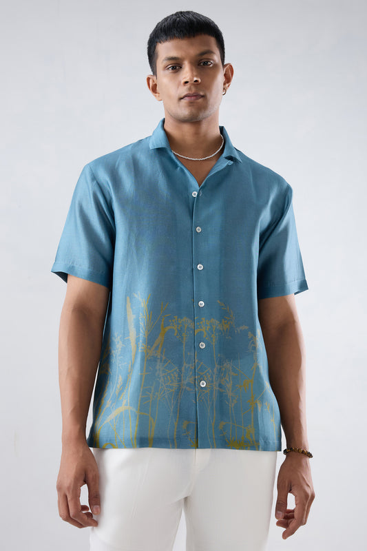 Dark Blue Ecoprint Cuban Collar Shirt