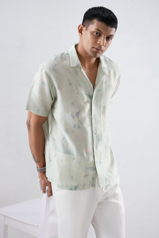 Mint Green Abstract Ecoprint Cuban Collar Shirt