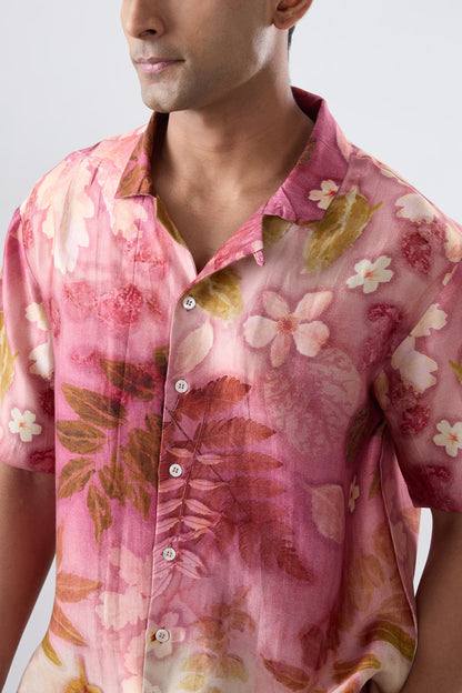 Pink Floral Ecoprint Cuban Collar Shirt