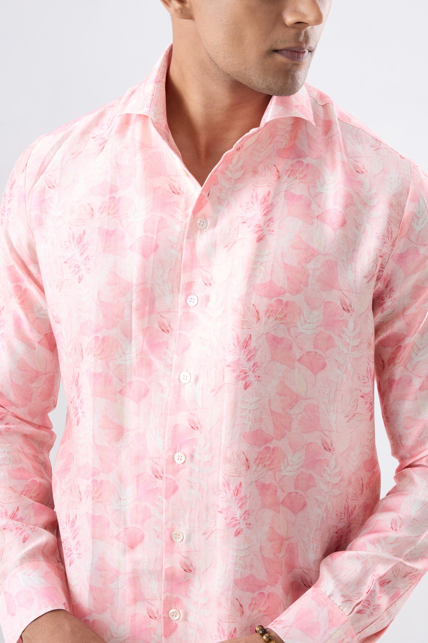 Pink Leaf Ecoprint Cutback Collar Full-Sleeve Shirt