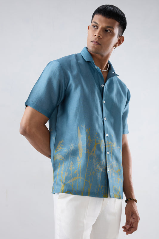 Dark Blue Ecoprint Cuban Collar Shirt