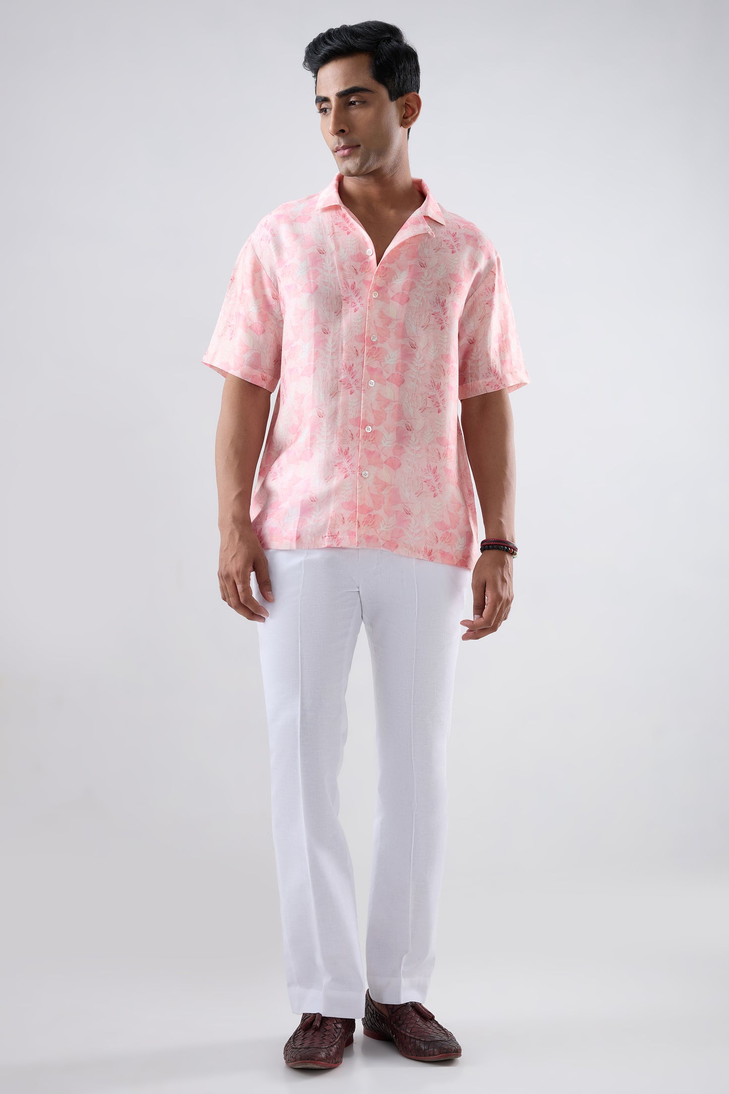 Pink Leaf Ecoprint Cuban Collar Shirt