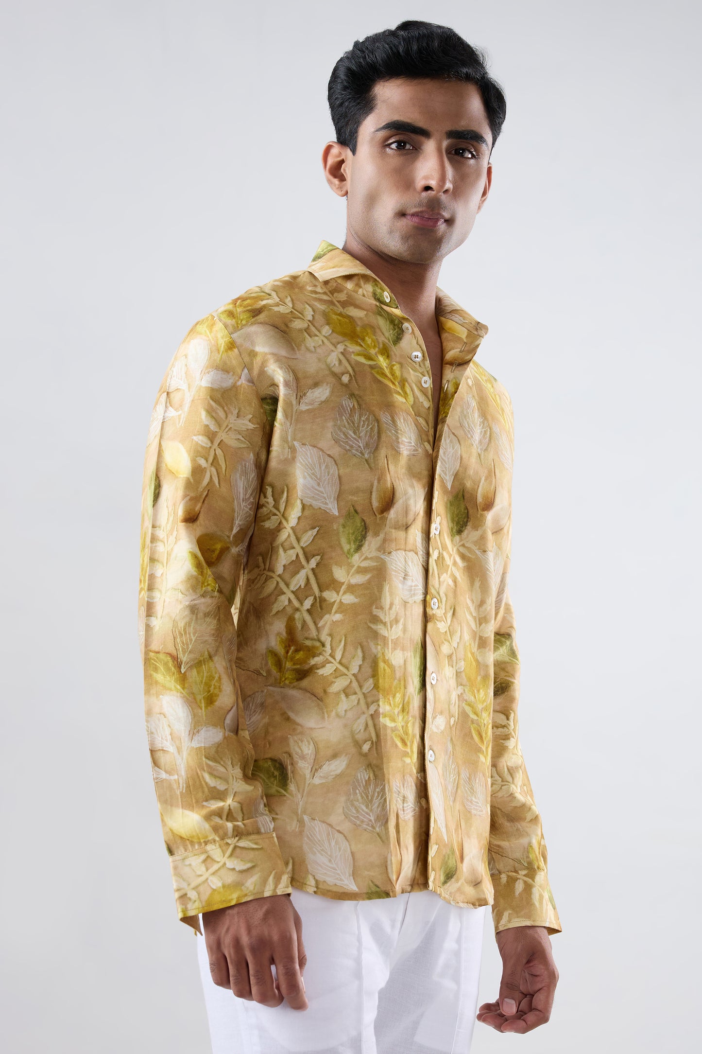 Yellow Leaf Ecoprint Cutback Collar Full-Sleeve Shirt