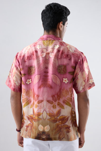 Pink Floral Ecoprint Cuban Collar Shirt