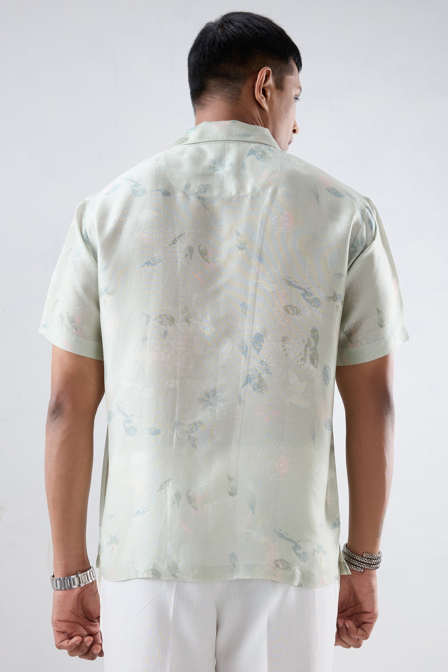 Mint Green Abstract Ecoprint Cuban Collar Shirt