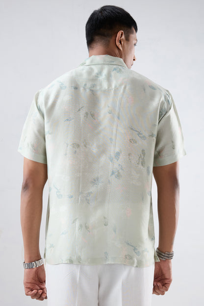 Mint Green Abstract Ecoprint Cuban Collar Shirt