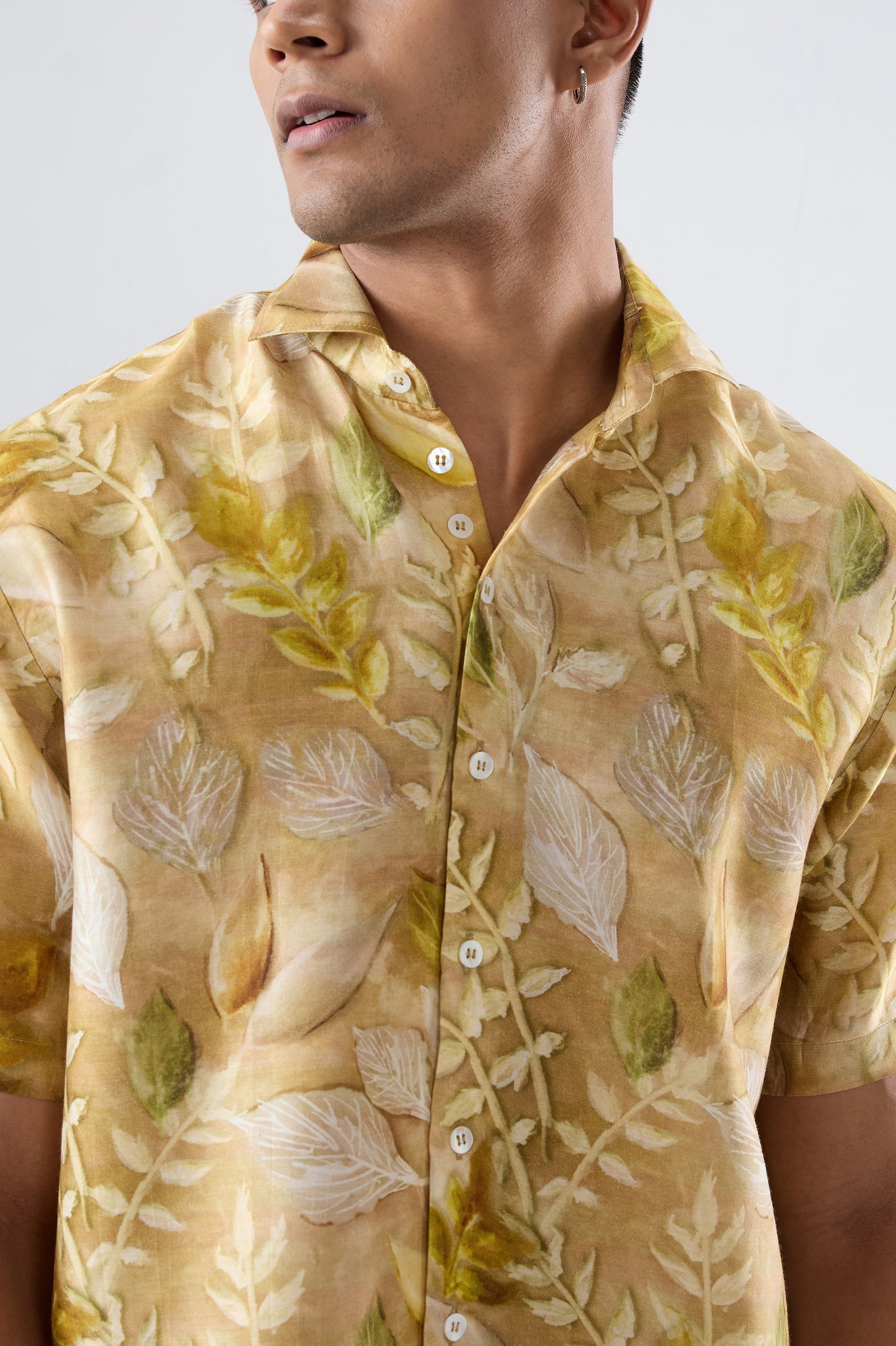 Yellow Leaf Ecoprint Cutback Collar Shirt