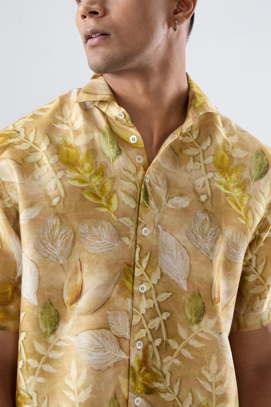 Yellow Leaf Ecoprint Cutback Collar Shirt