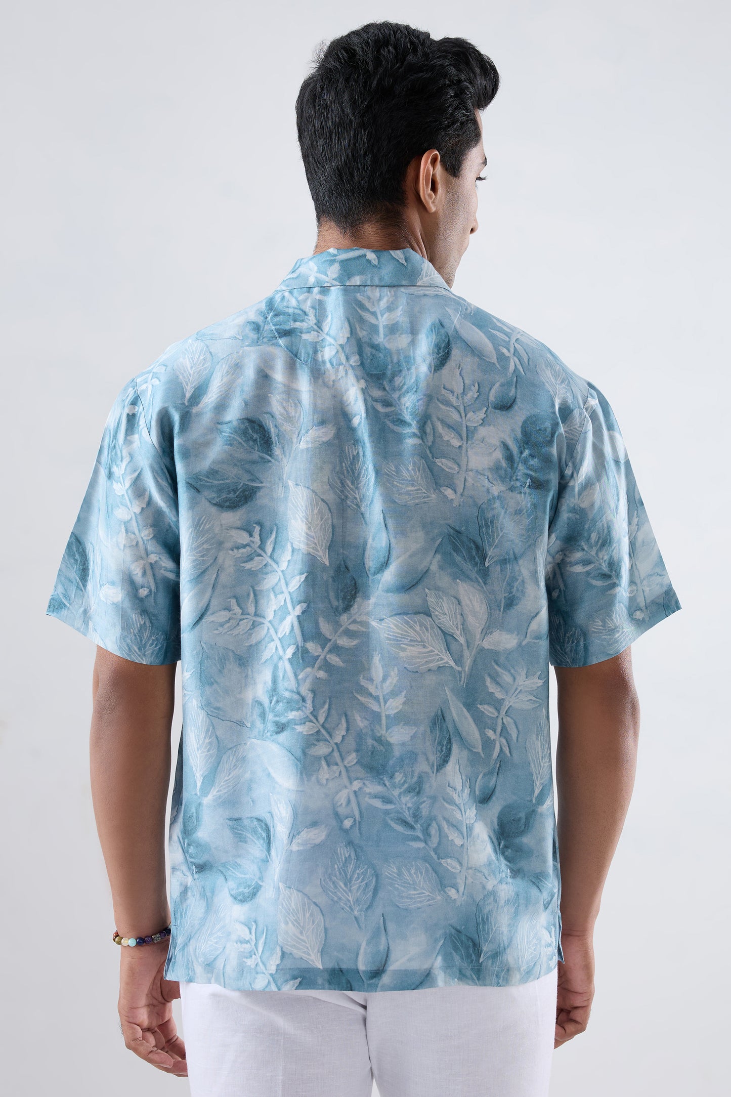 Light Blue leaf Ecoprint Cuban Collar Shirt