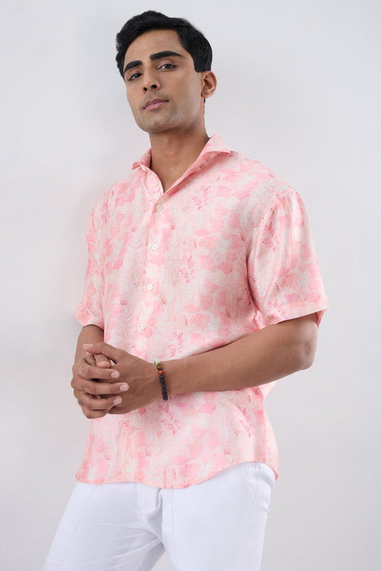 Pink Leaf Ecoprint Cuban Collar Shirt