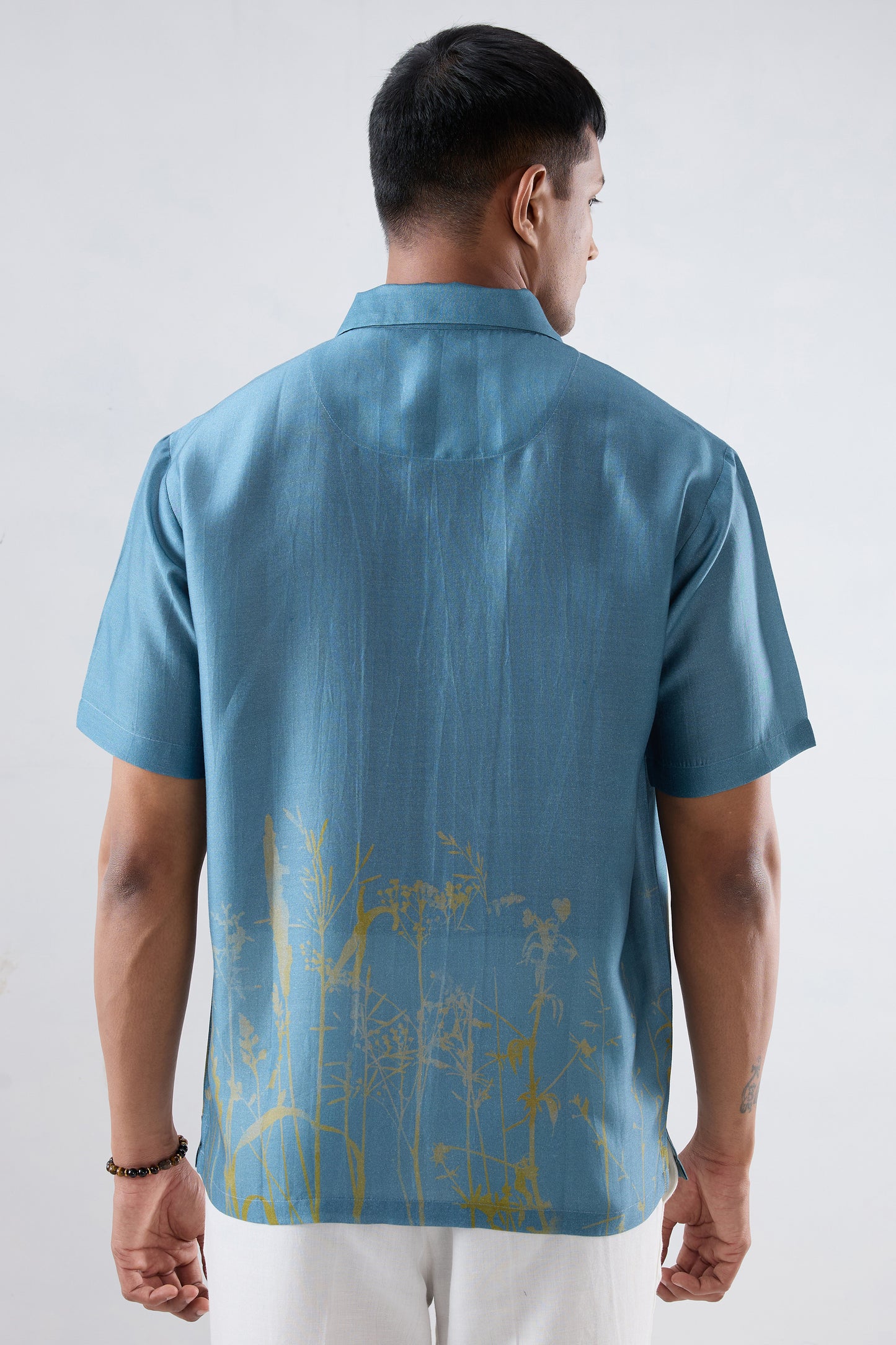 Dark Blue Ecoprint Cuban Collar Shirt