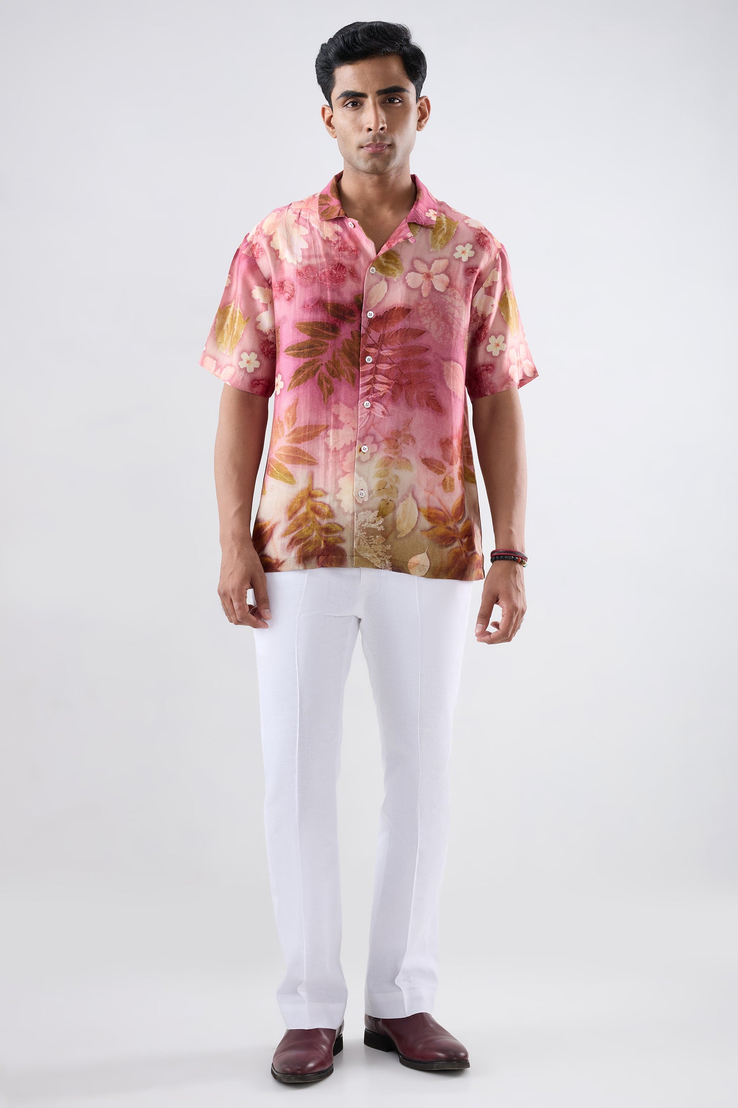 Pink Floral Ecoprint Cuban Collar Shirt