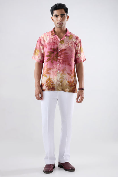 Pink Floral Ecoprint Cuban Collar Shirt