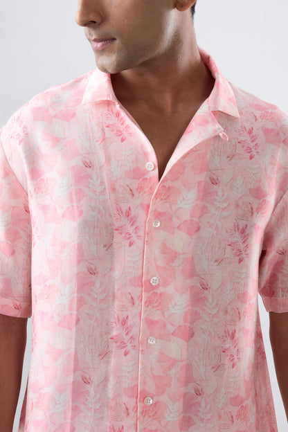 Pink Leaf Ecoprint Cuban Collar Shirt