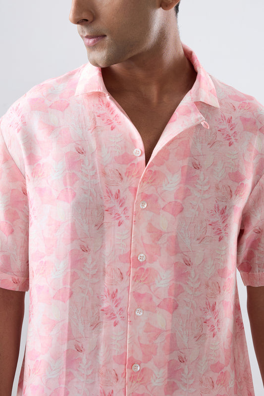 Pink Leaf Ecoprint Cuban Collar Shirt