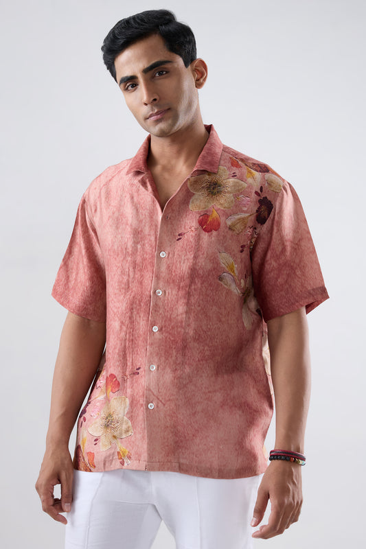 Rust Ecoprint Cuban Collar Shirt