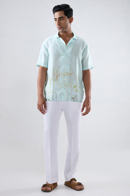 Sky Blue Ecoprint Cuban Collar Shirt