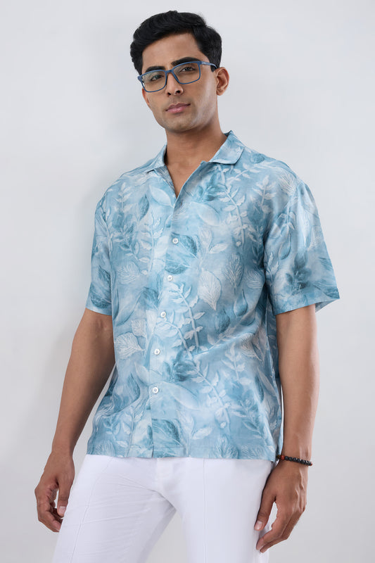 Light Blue leaf Ecoprint Cuban Collar Shirt