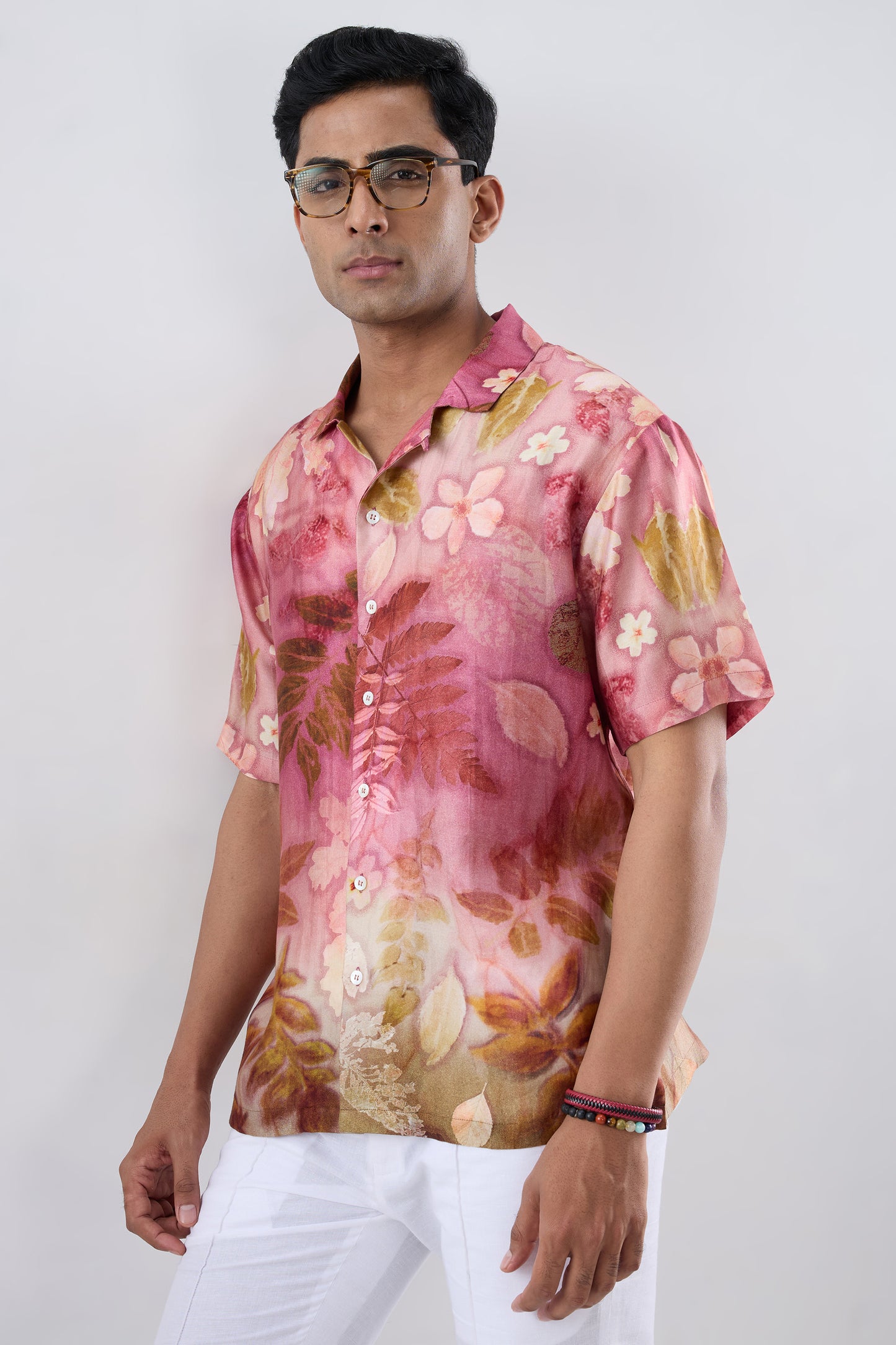 Pink Floral Ecoprint Cuban Collar Shirt