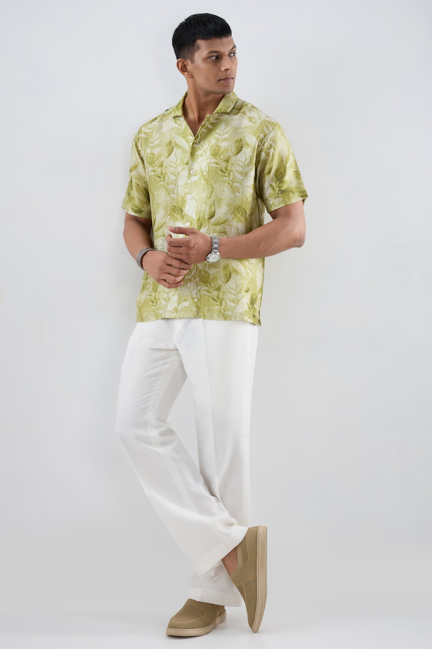 Green Leaf Ecoprint Cuban Collar Shirt