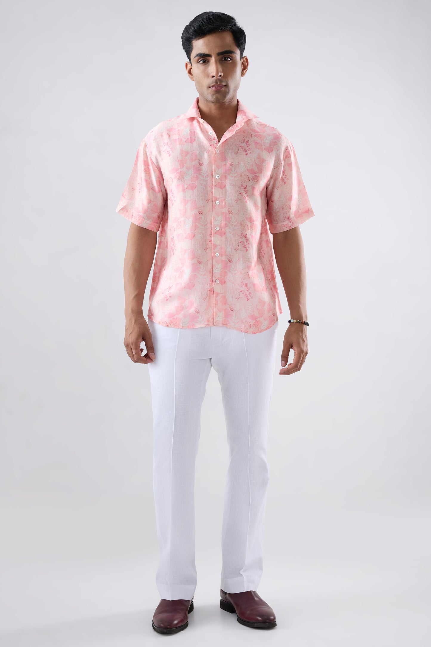 Pink Leaf Ecoprint Cuban Collar Shirt