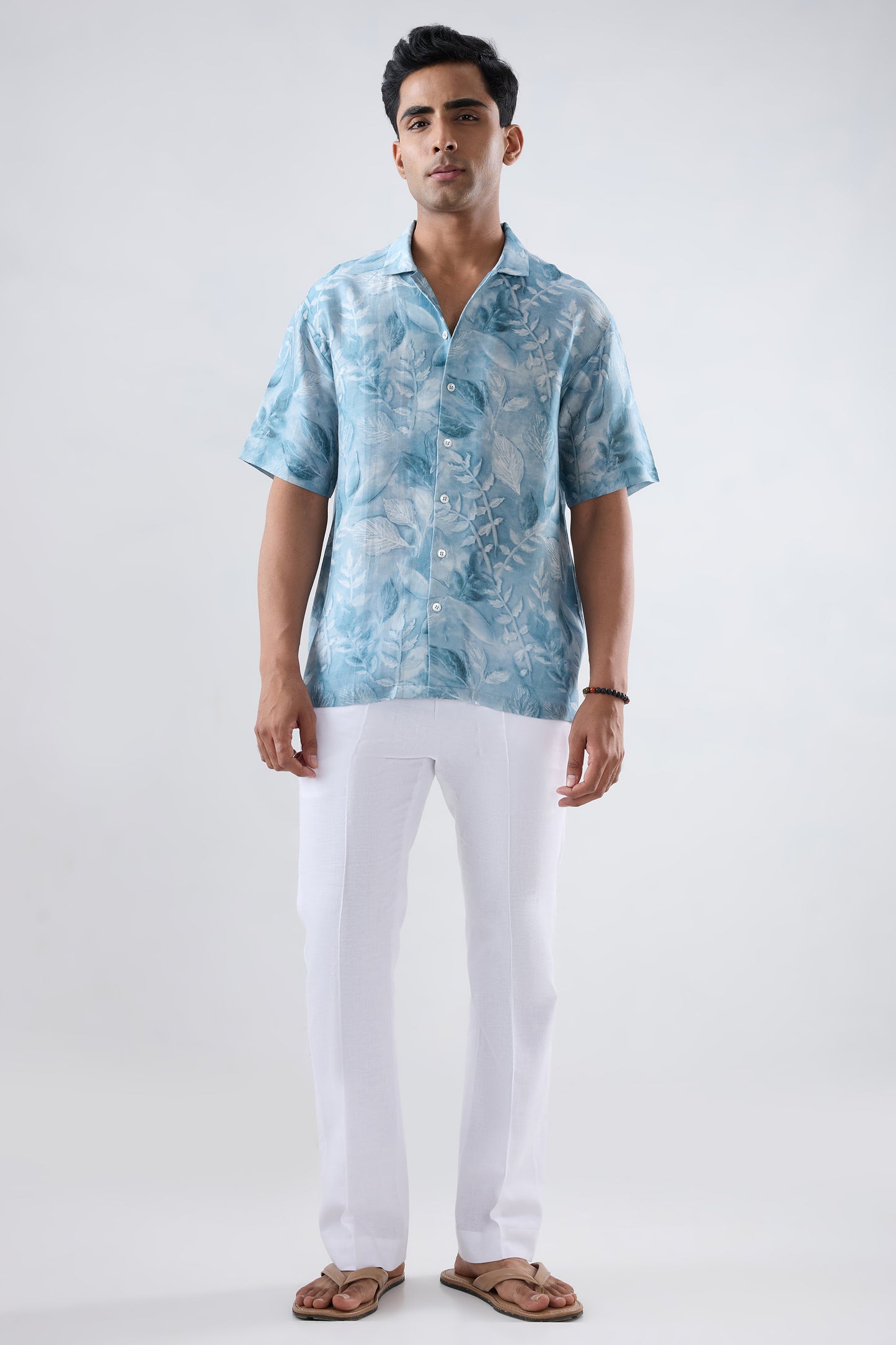 Light Blue leaf Ecoprint Cuban Collar Shirt