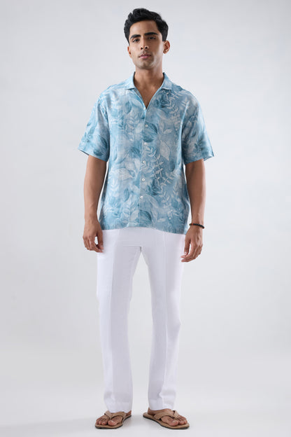 Light Blue leaf Ecoprint Cuban Collar Shirt