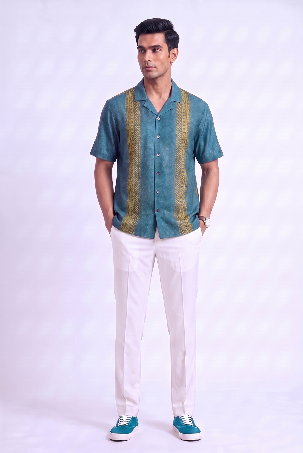 Teal Linear SIlk Cuban Collar Shirt