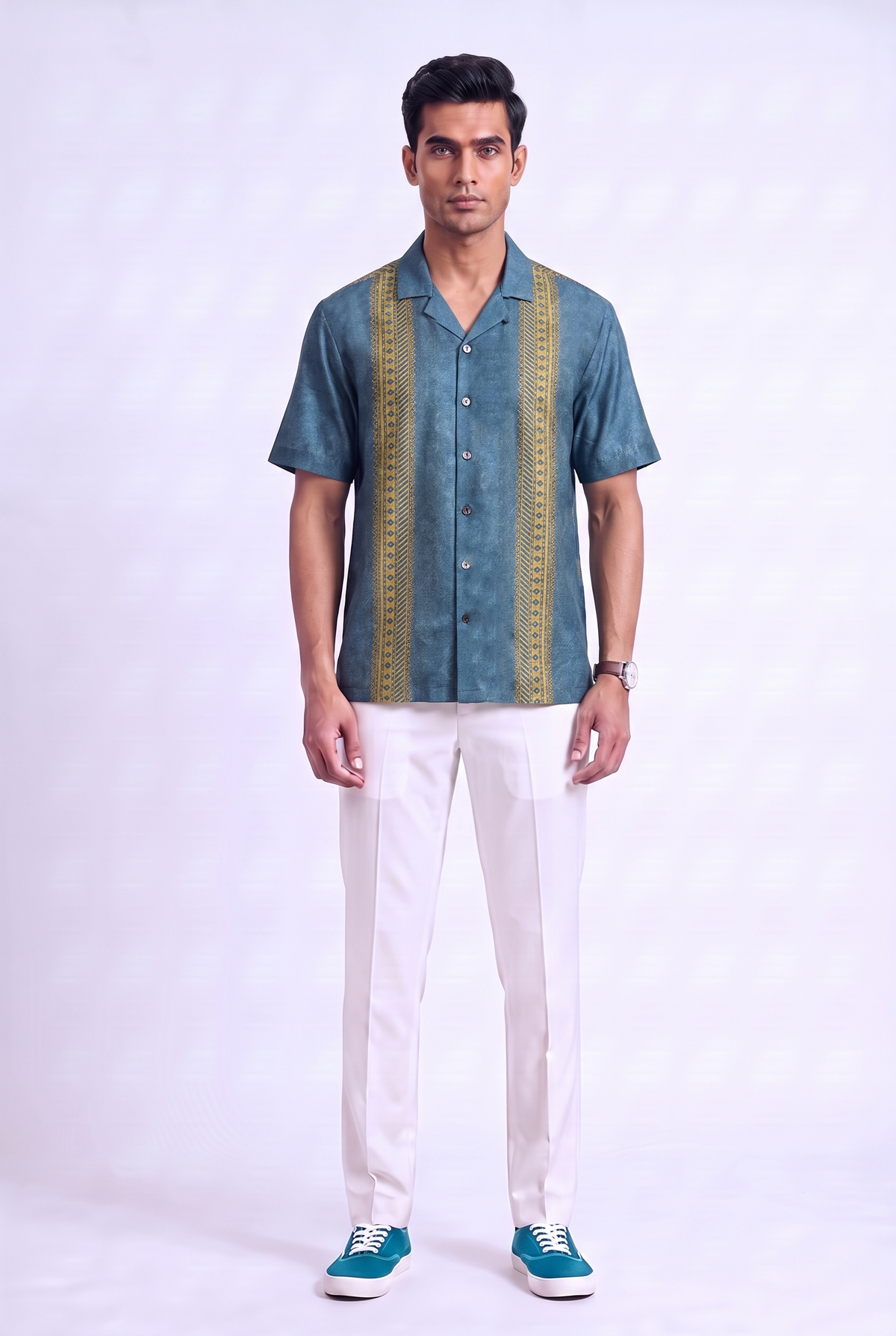 Teal Linear SIlk Cuban Collar Shirt