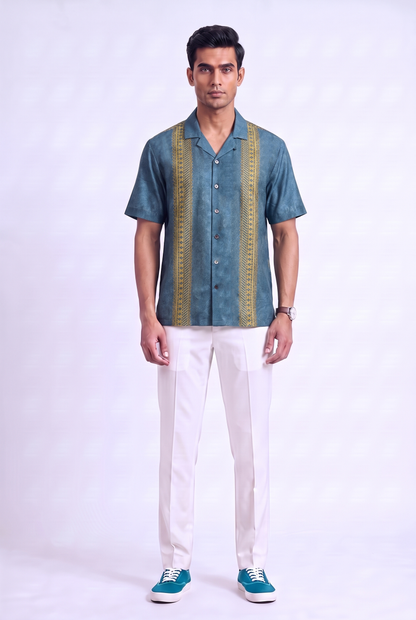 Teal Linear SIlk Cuban Collar Shirt