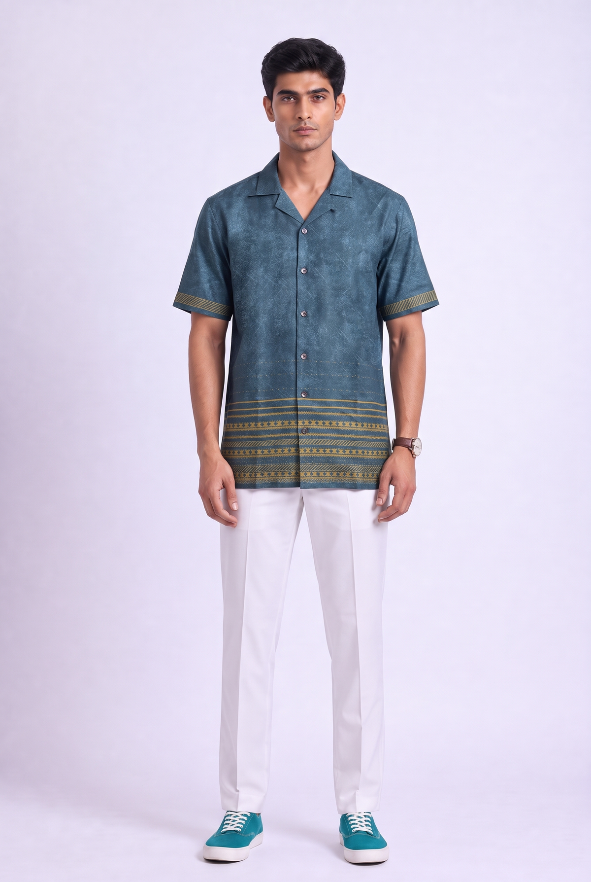 Teal Heritage Silk Cuban Collar Shirt