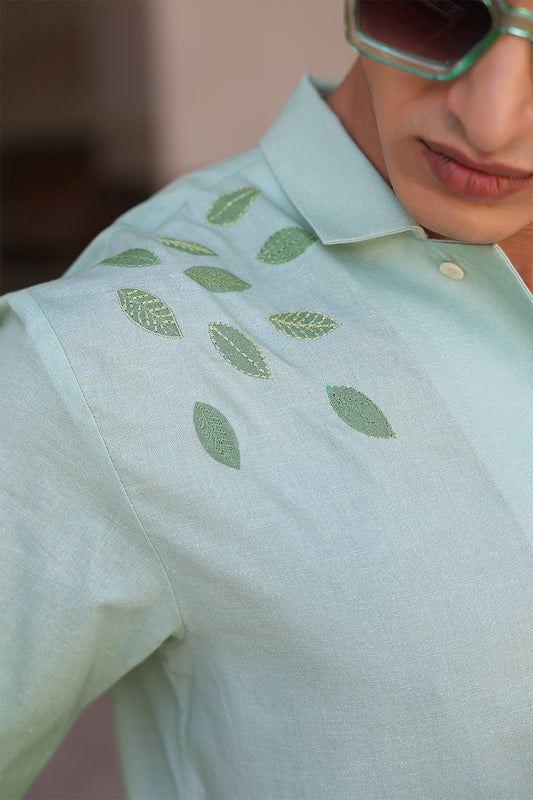 Green Embroidered Cuban Collar Shirt Deer