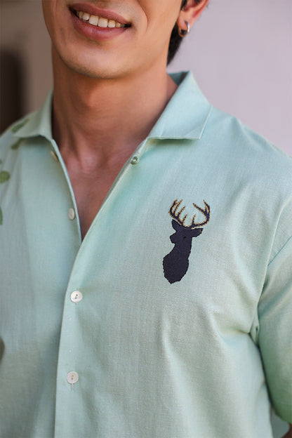 Green Embroidered Cuban Collar Shirt Deer