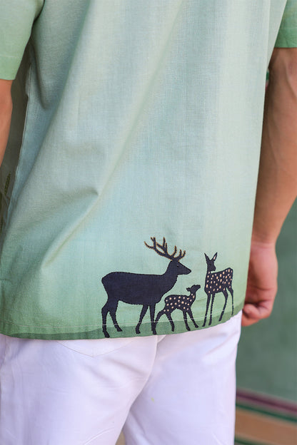 Green Embroidered Cuban Collar Shirt Deer