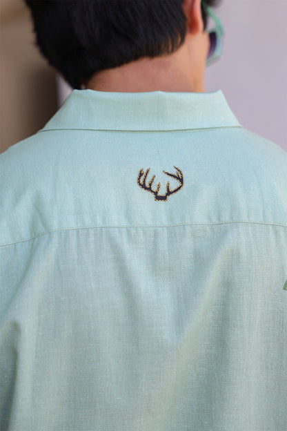Green Embroidered Cuban Collar Shirt Deer