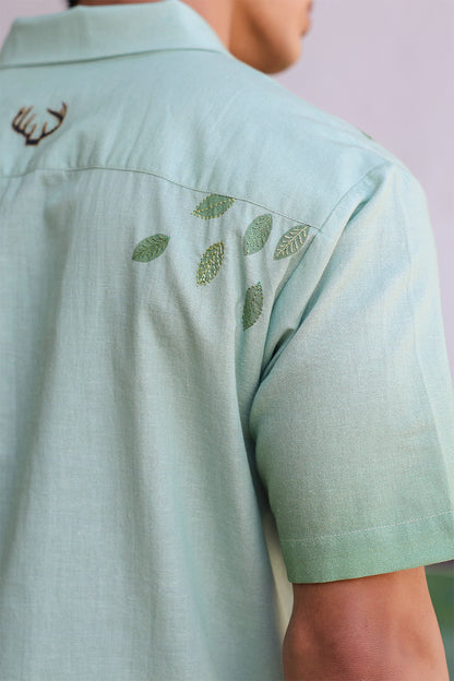 Green Embroidered Cuban Collar Shirt Deer