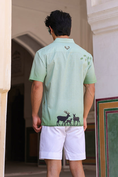 Green Embroidered Cuban Collar Shirt Deer