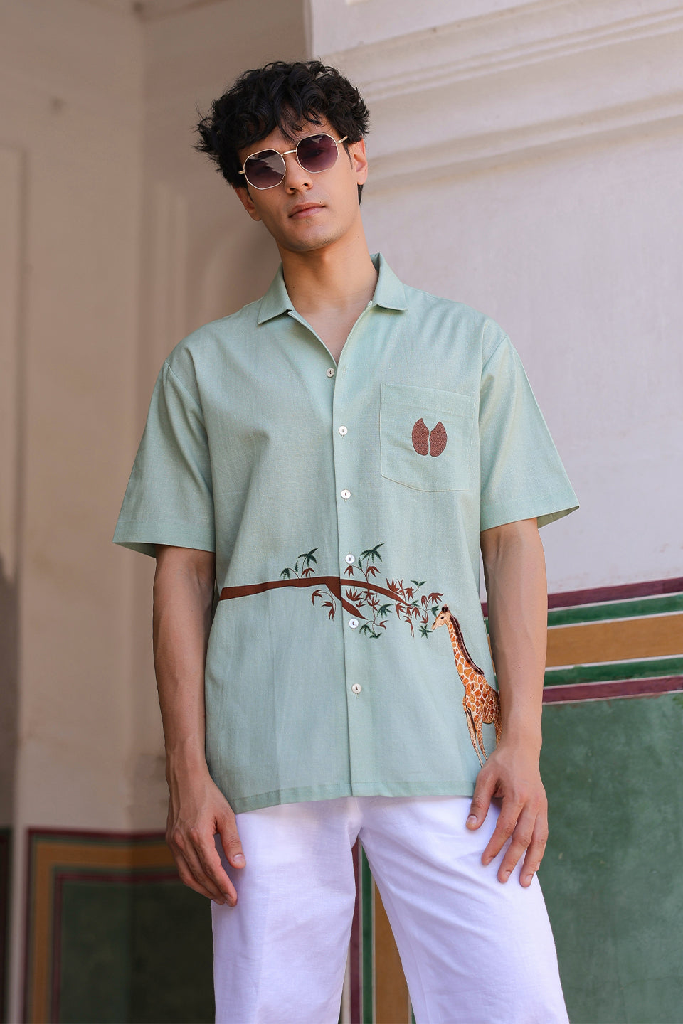 Green Embroidered Cuban Collar Shirt Giraffe