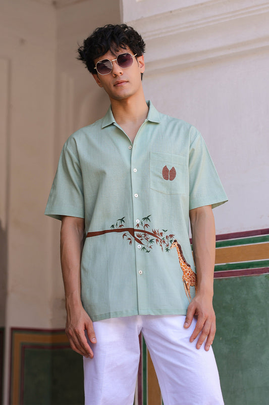 Green Embroidered Cuban Collar Shirt Giraffe