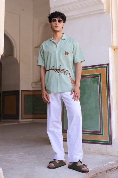 Green Embroidered Cuban Collar Shirt Giraffe