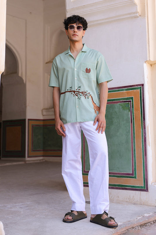 Green Embroidered Cuban Collar Shirt Giraffe