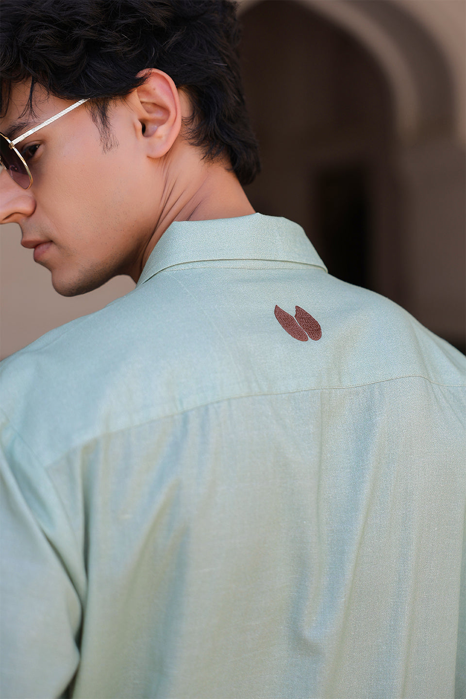 Green Embroidered Cuban Collar Shirt Giraffe