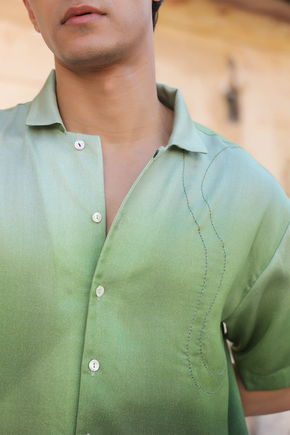 Green Ombre Embroidered Cuban Collar Shirt