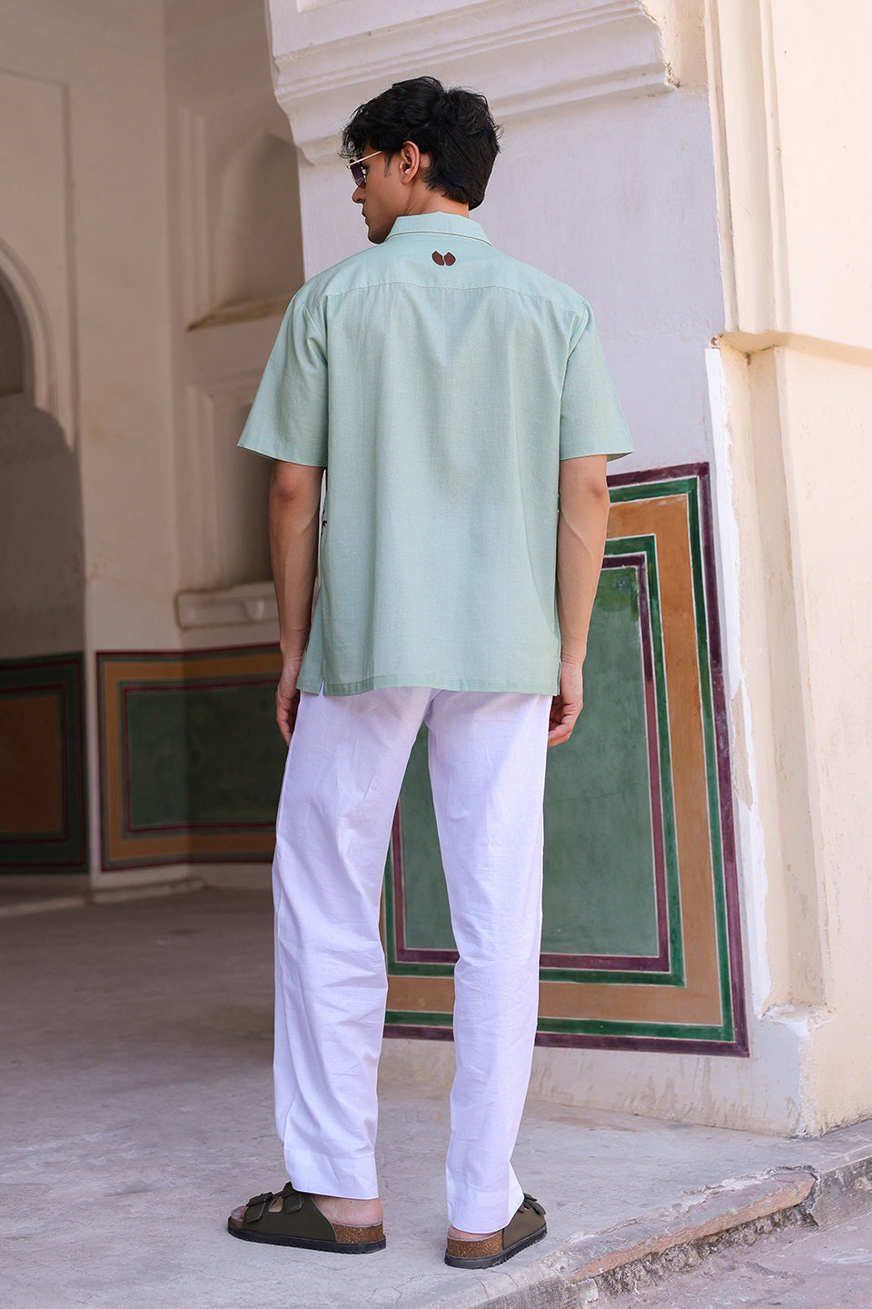 Green Embroidered Cuban Collar Shirt Giraffe