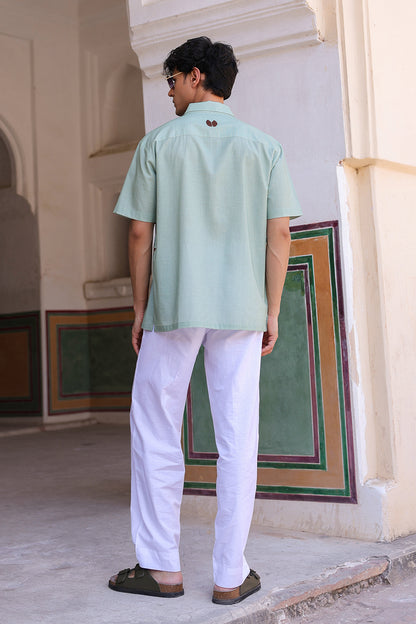 Green Embroidered Cuban Collar Shirt Giraffe