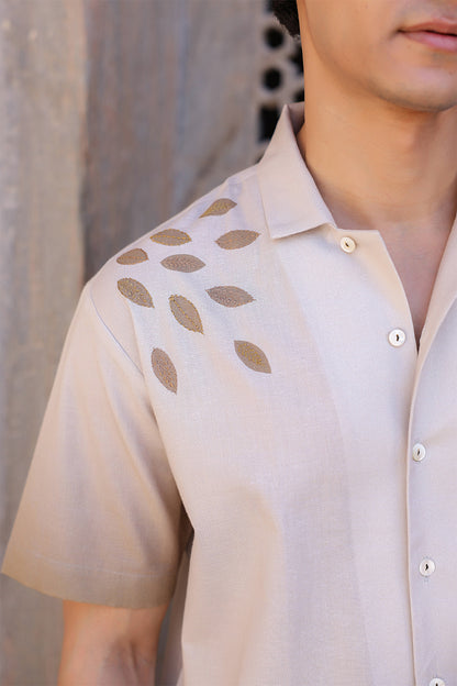 Ivory Embroidered Cuban Collar Shirt Deer