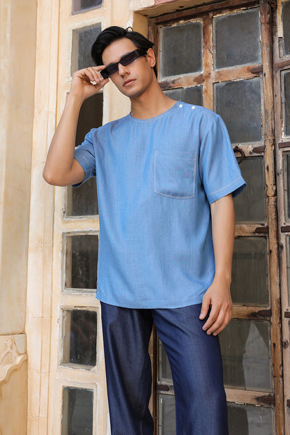 Light Blue Crew Neck Denim T-Shirt